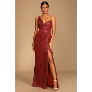 Rene Ruiz Collectio. Red Printed Organza Pleated Bodice Evening Gown Size 12